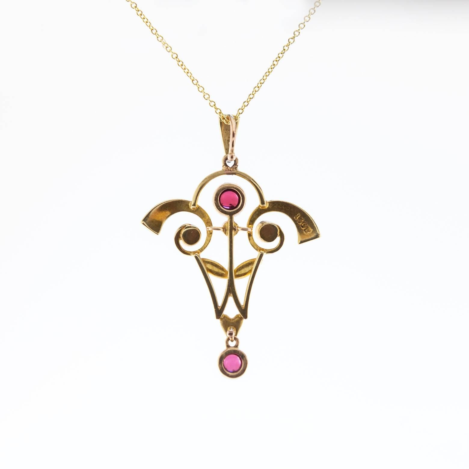 Antique Art Nouveau Pearl Garnet Gold Pendant In Excellent Condition In Berkeley, CA