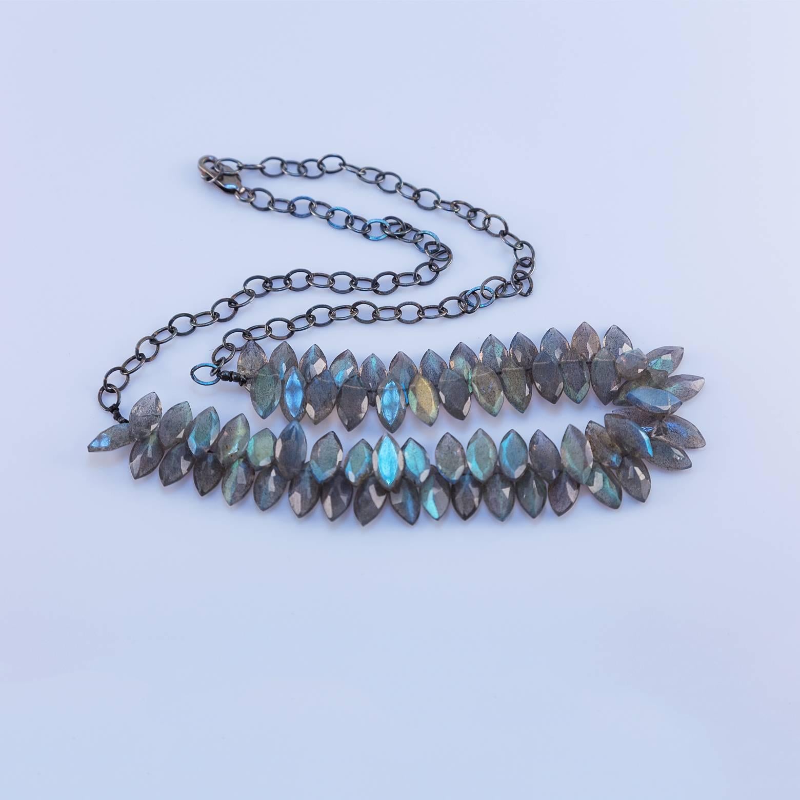 Modern Marquise Labradorite Oxidized Sterling Silver Necklace