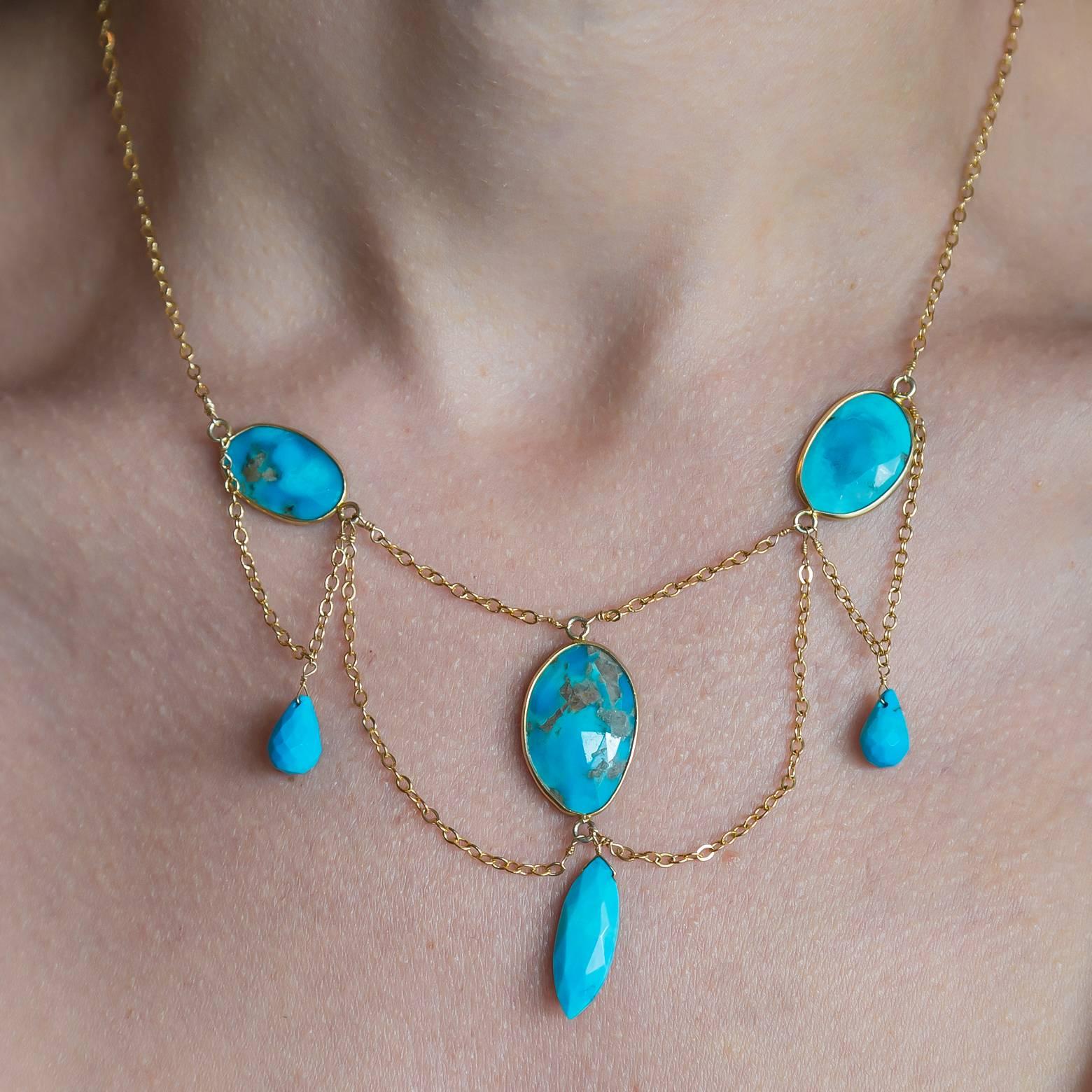 Romantic Turquoise Multi Drop Gold Filled Necklace