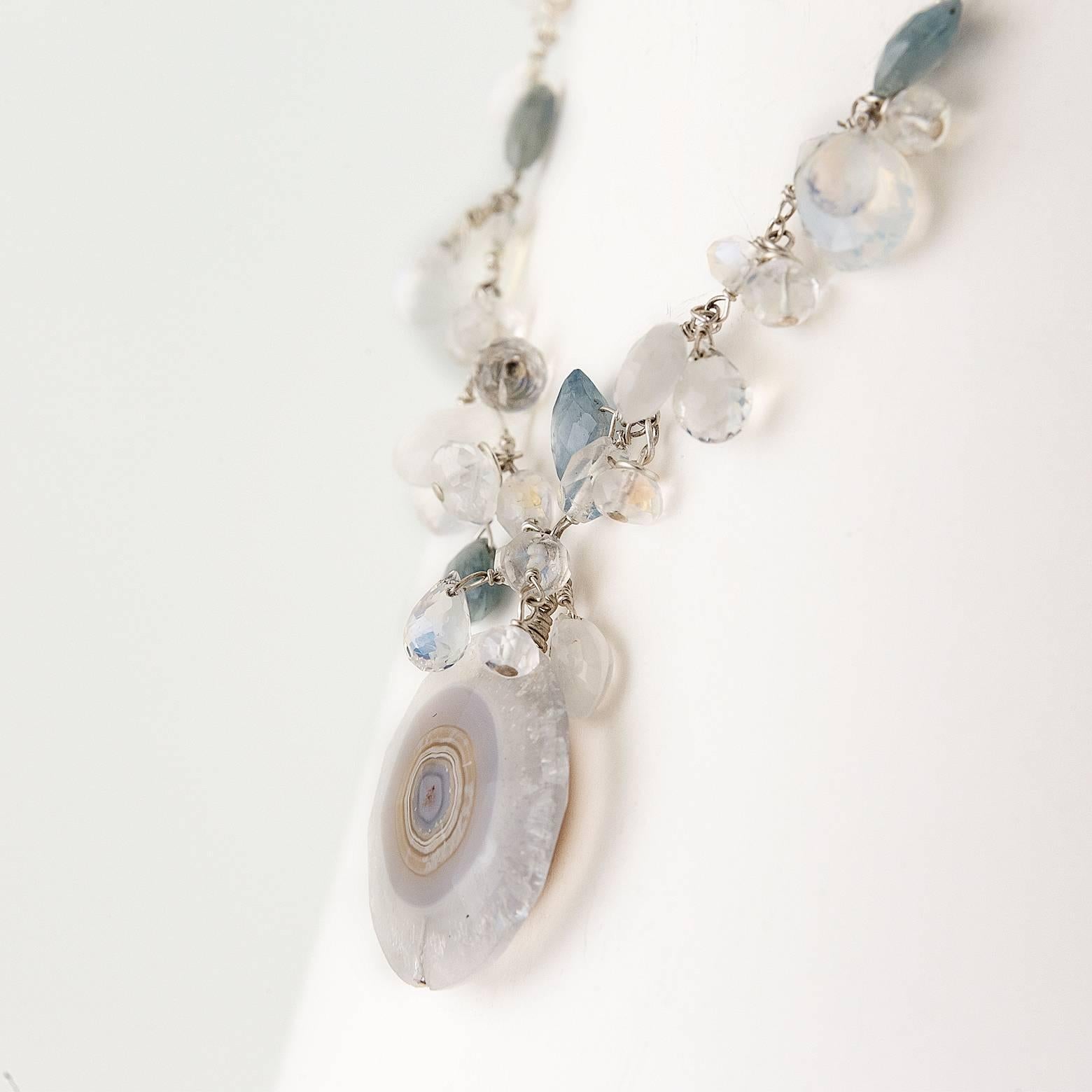 Modern Stalactite Slice Necklace with Moonstone and Labradorite Briolettes