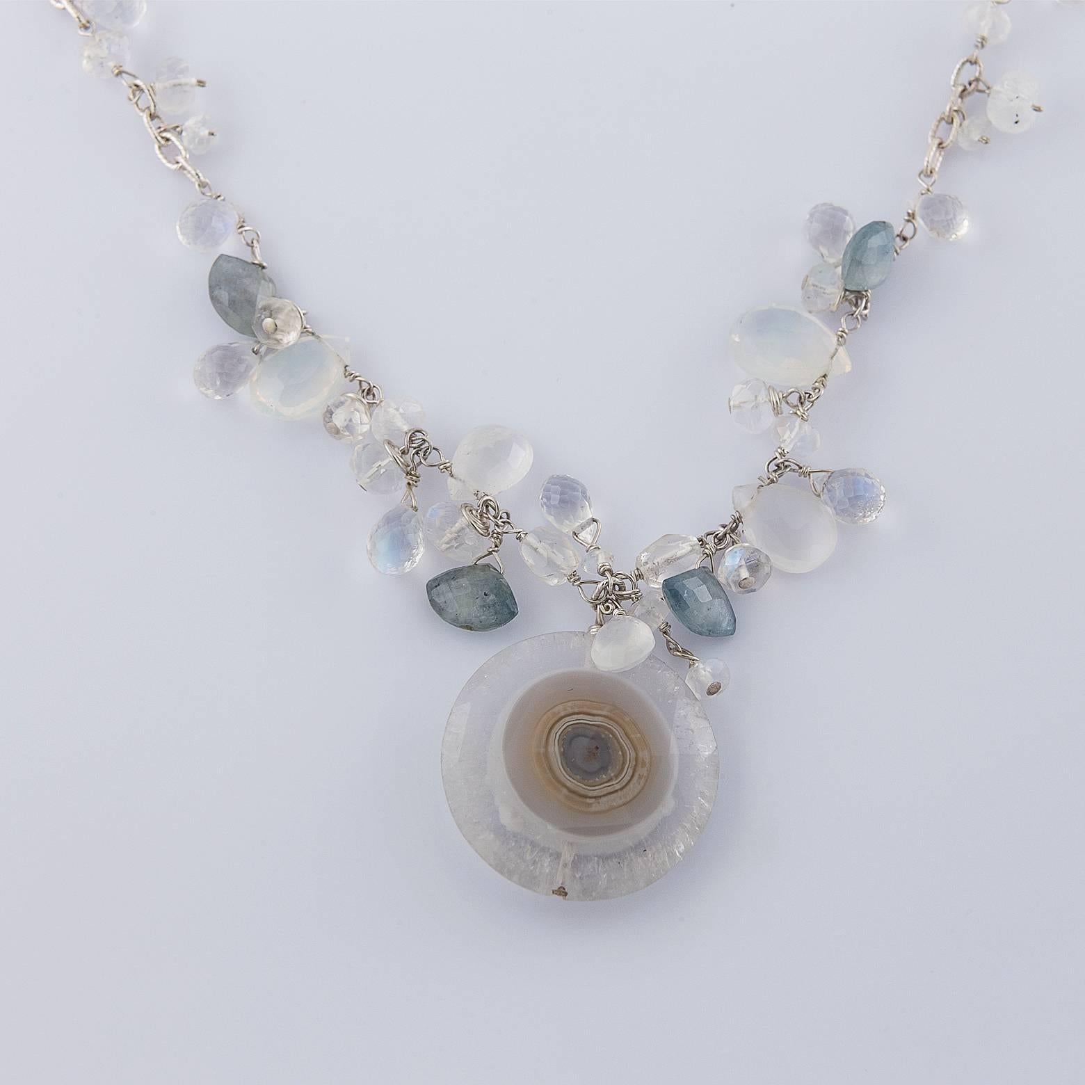 Stalactite Slice Necklace with Moonstone and Labradorite Briolettes In Excellent Condition In Berkeley, CA