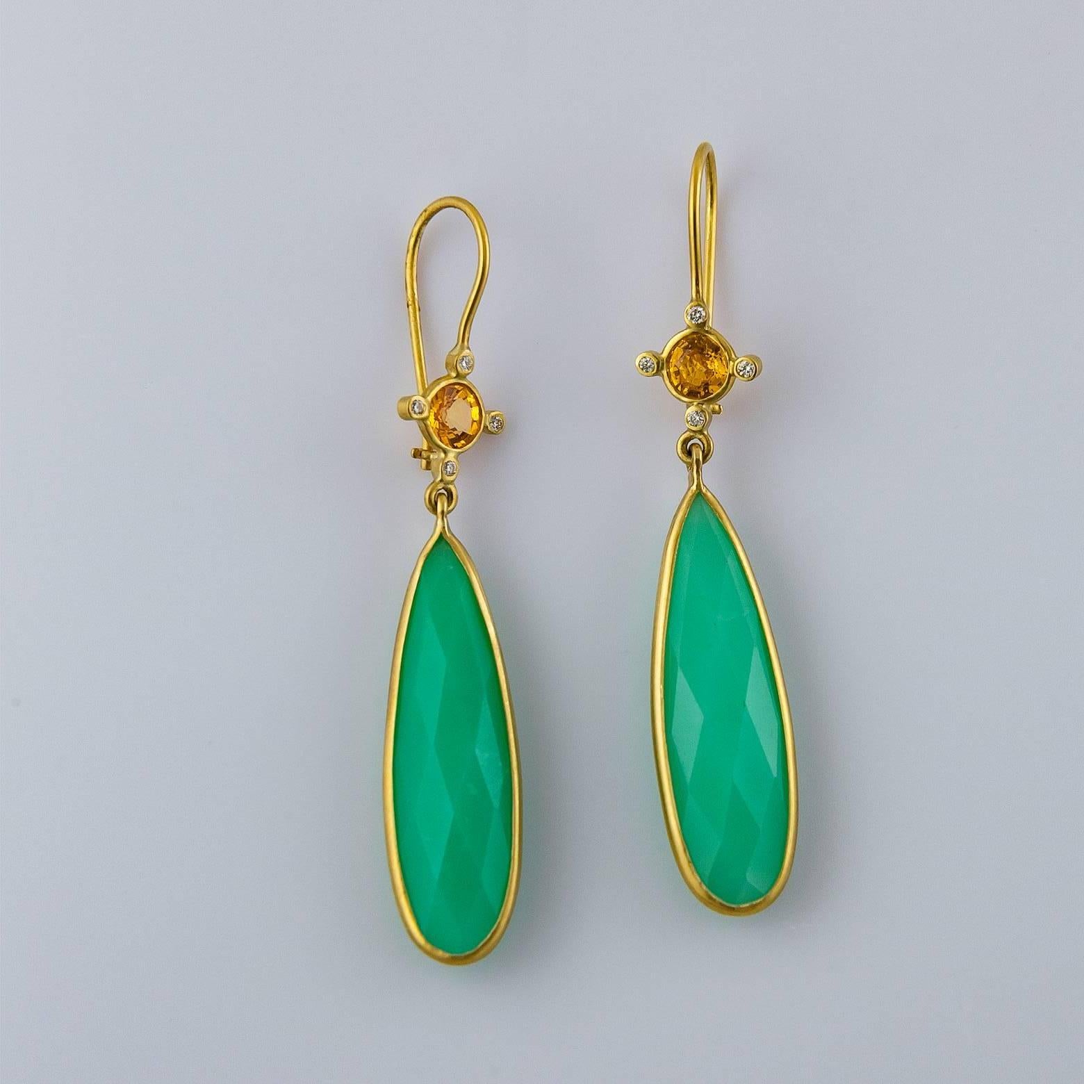 Modern Pear Chrysoprase Yellow Sapphire and Diamond Drop Earrings