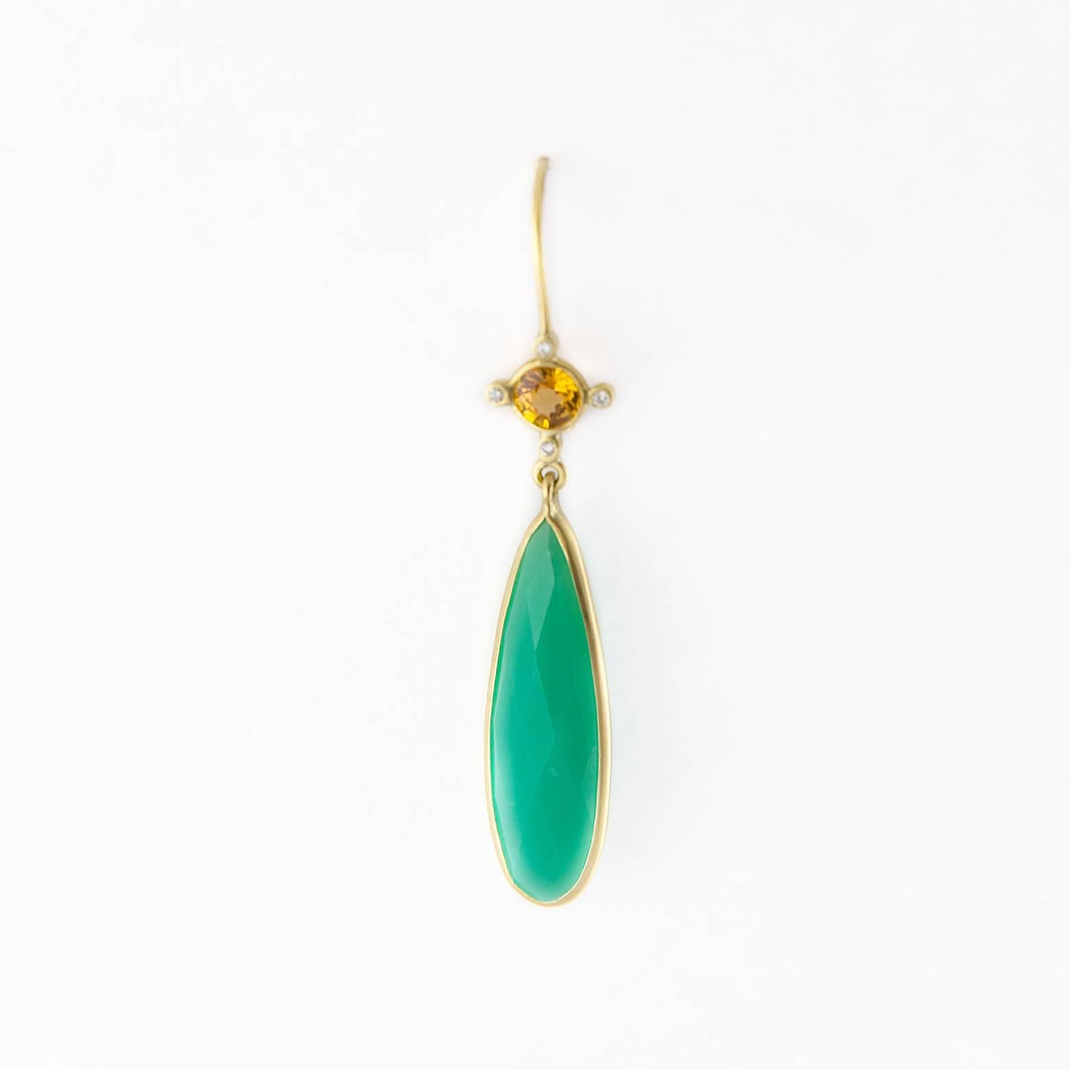 Bright Green Pear Chrysoprase Yellow Sapphire and Diamond Drop Earrings. These beauties exude summertime ease with bright yellow sapphire sun tops ordained with diamonds in every cardinal direction. Elegant and breezy they stand out bright against a