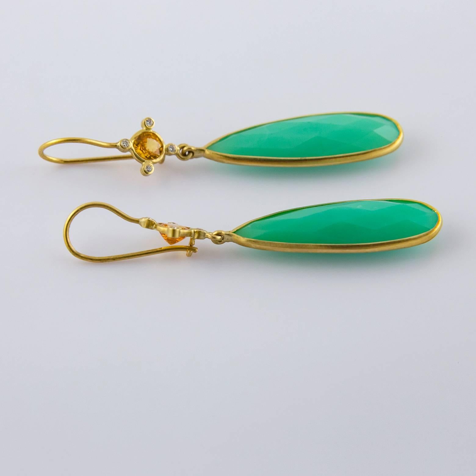 Pear Chrysoprase Yellow Sapphire and Diamond Drop Earrings In Excellent Condition In Berkeley, CA