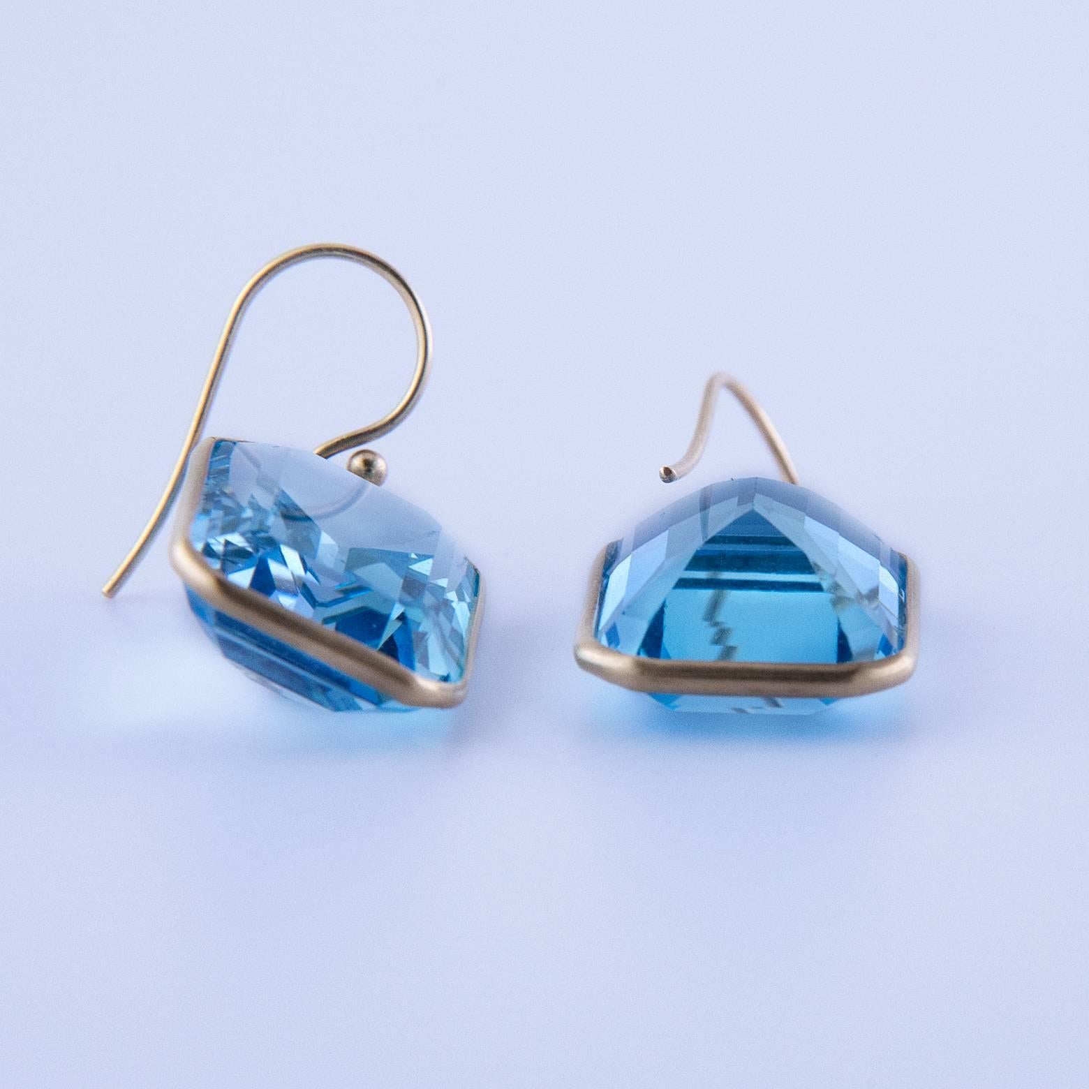Modern Contemporary Emerald Cut Blue Topaz Gold Drop Earrings
