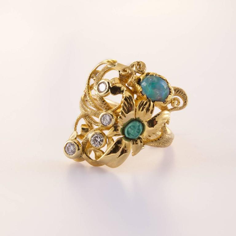 Sleeping Beauty Turquoise Opal 4 Diamonds Gold Paradise Ring at 1stDibs