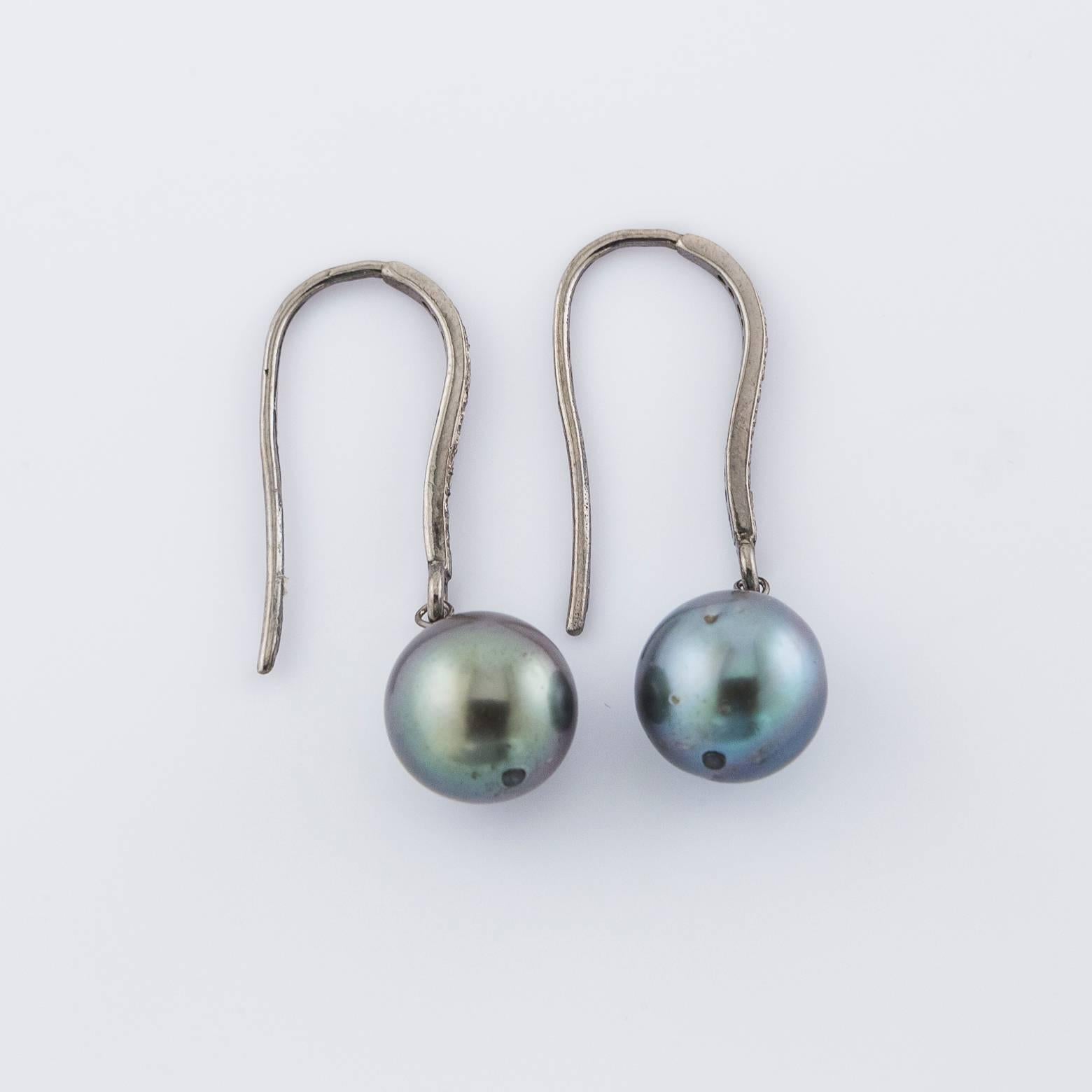 Contemporary Black Pearl Diamond Silver Drop Earrings