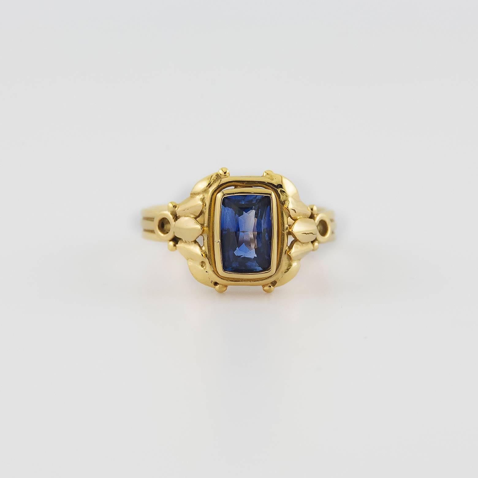 This piece looks Roman and elegant as if it were worn by a Queen! The brightness of the blue is deep and hypnotizing against 18K yellow gold and together they glow like the Mediterranean Sea. Approximately 2 carats of Sapphire, size 6.75