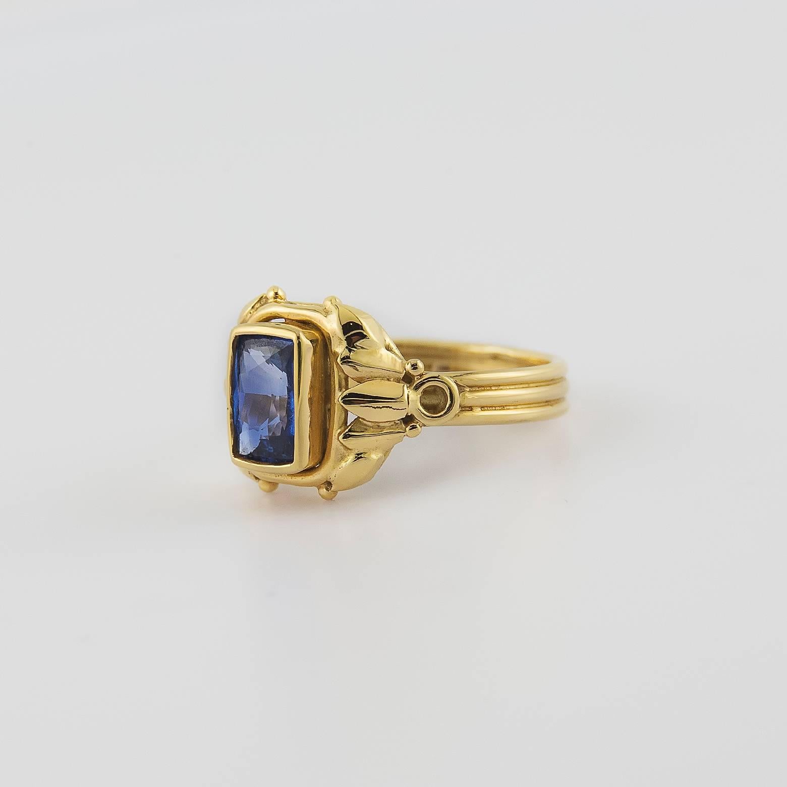 Classical Roman Rectangle Cushion Shape Intricately Detailed Sapphire Gold Ring