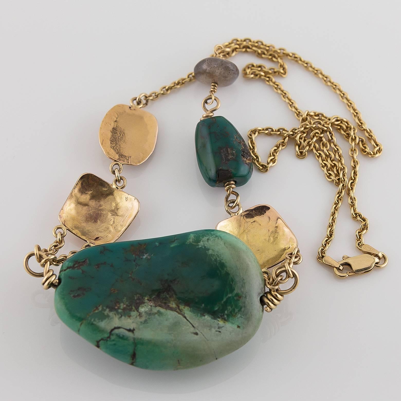 Modern Big Green Turquoise Labradorite Two-Color Gold Statement Necklace