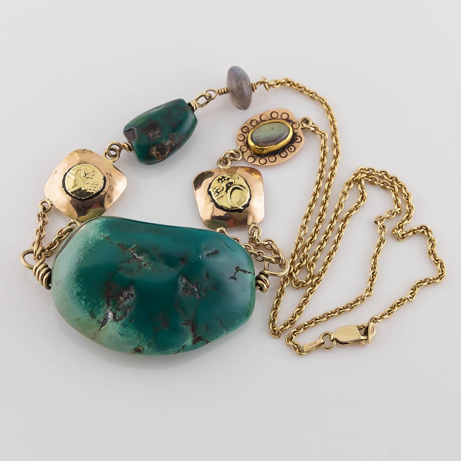 Big Green Turquoise Labradorite Two-Color Gold Statement Necklace In Excellent Condition In Berkeley, CA