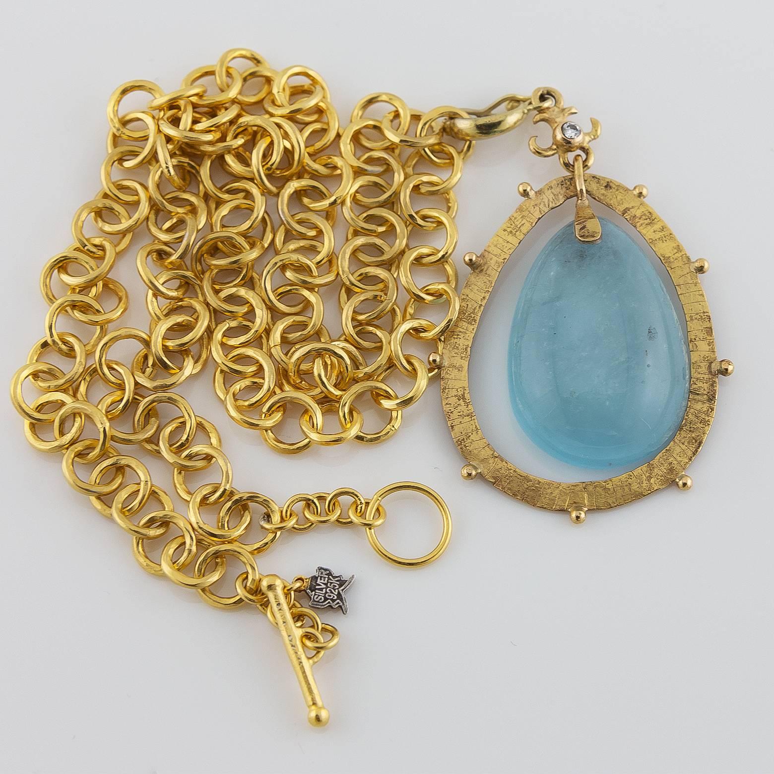 Women's Bohemian Large Bright Aquamarine Diamond Gold Pendant