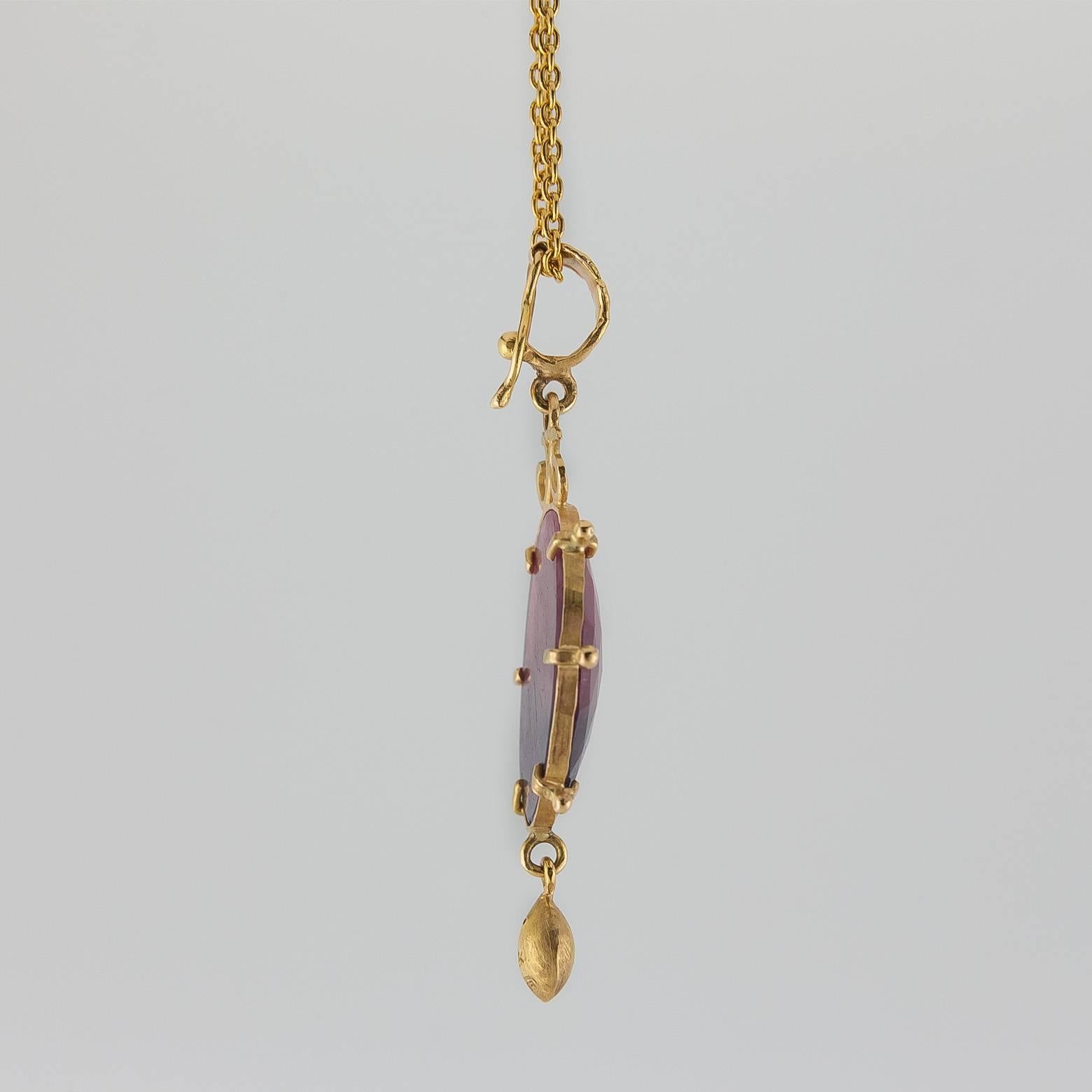 Contemporary Irregular Shaped Purple Sunset Sapphire Hammered Gold Pendant