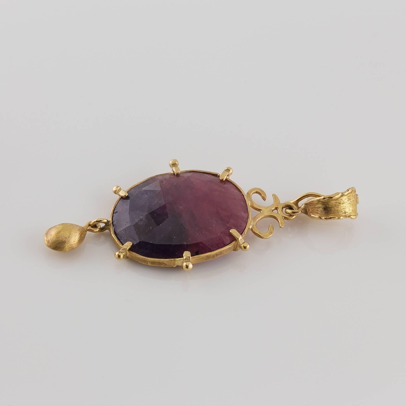 Women's Irregular Shaped Purple Sunset Sapphire Hammered Gold Pendant