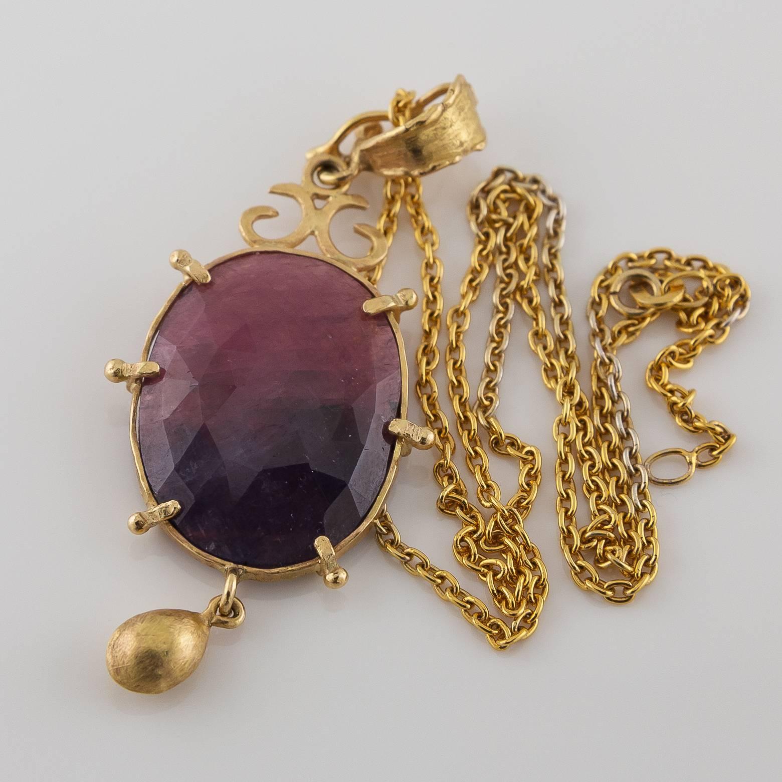 Irregular Shaped Purple Sunset Sapphire Hammered Gold Pendant 1