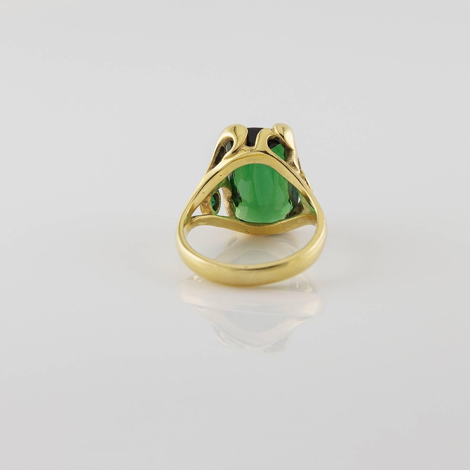 Deep Green Emerald Cut Tourmaline Gold Ring  2