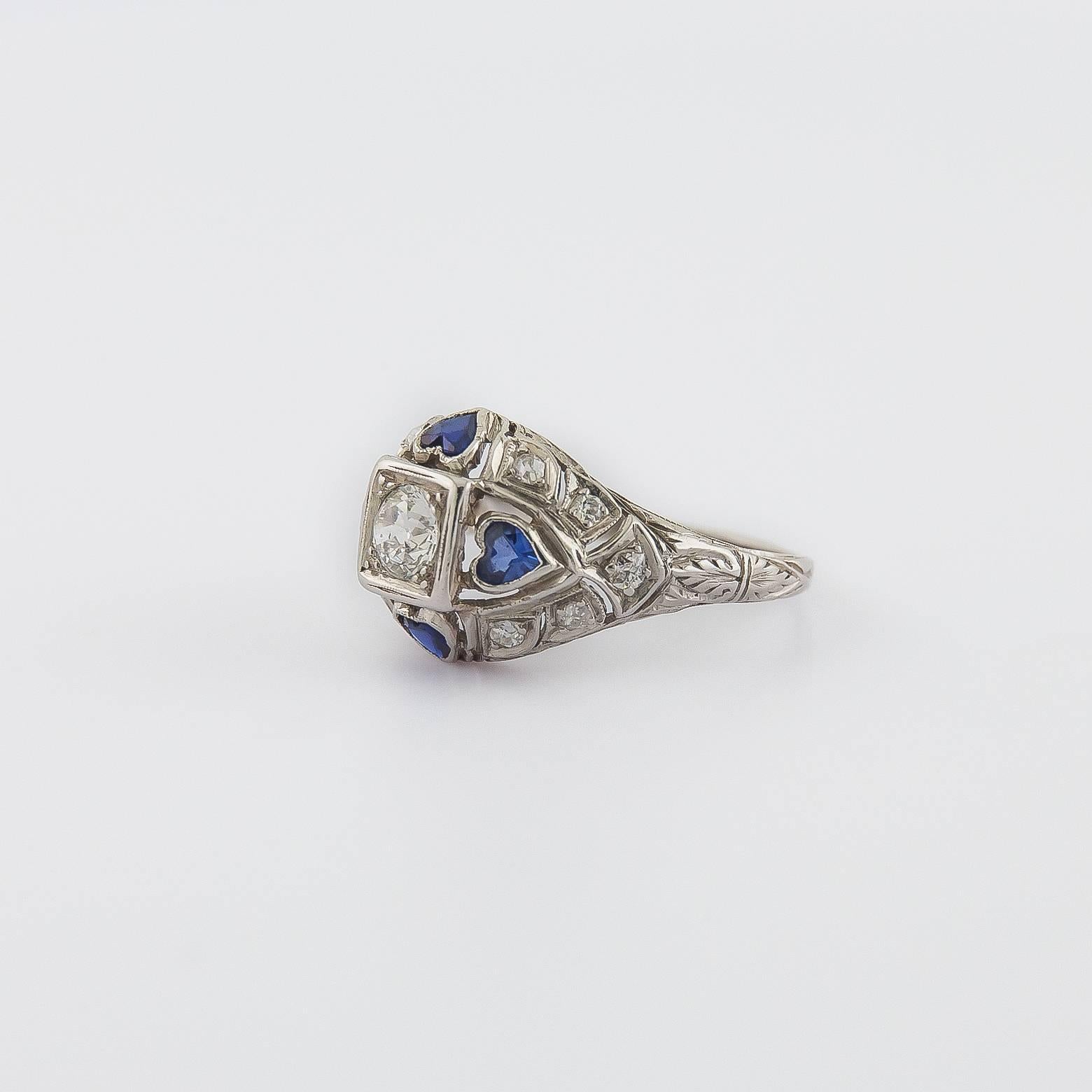 Art Deco Antique Sapphire Diamond Heart Ring with Diamond Pave and Platinum Filigree