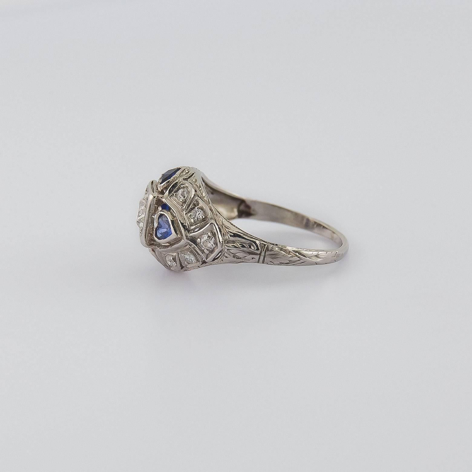 Antique Sapphire Diamond Heart Ring with Diamond Pave and Platinum Filigree In Excellent Condition In Berkeley, CA