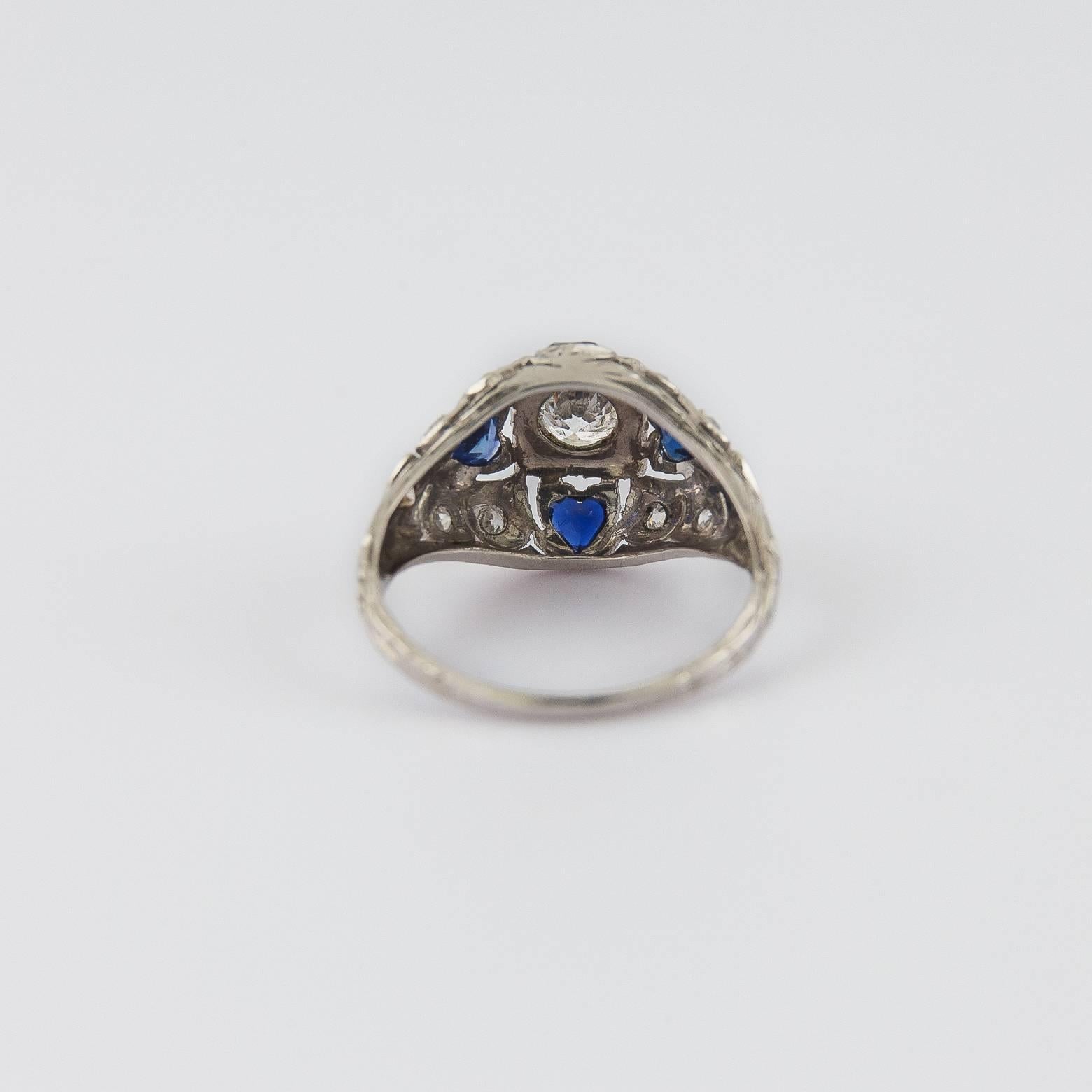 Women's Antique Sapphire Diamond Heart Ring with Diamond Pave and Platinum Filigree