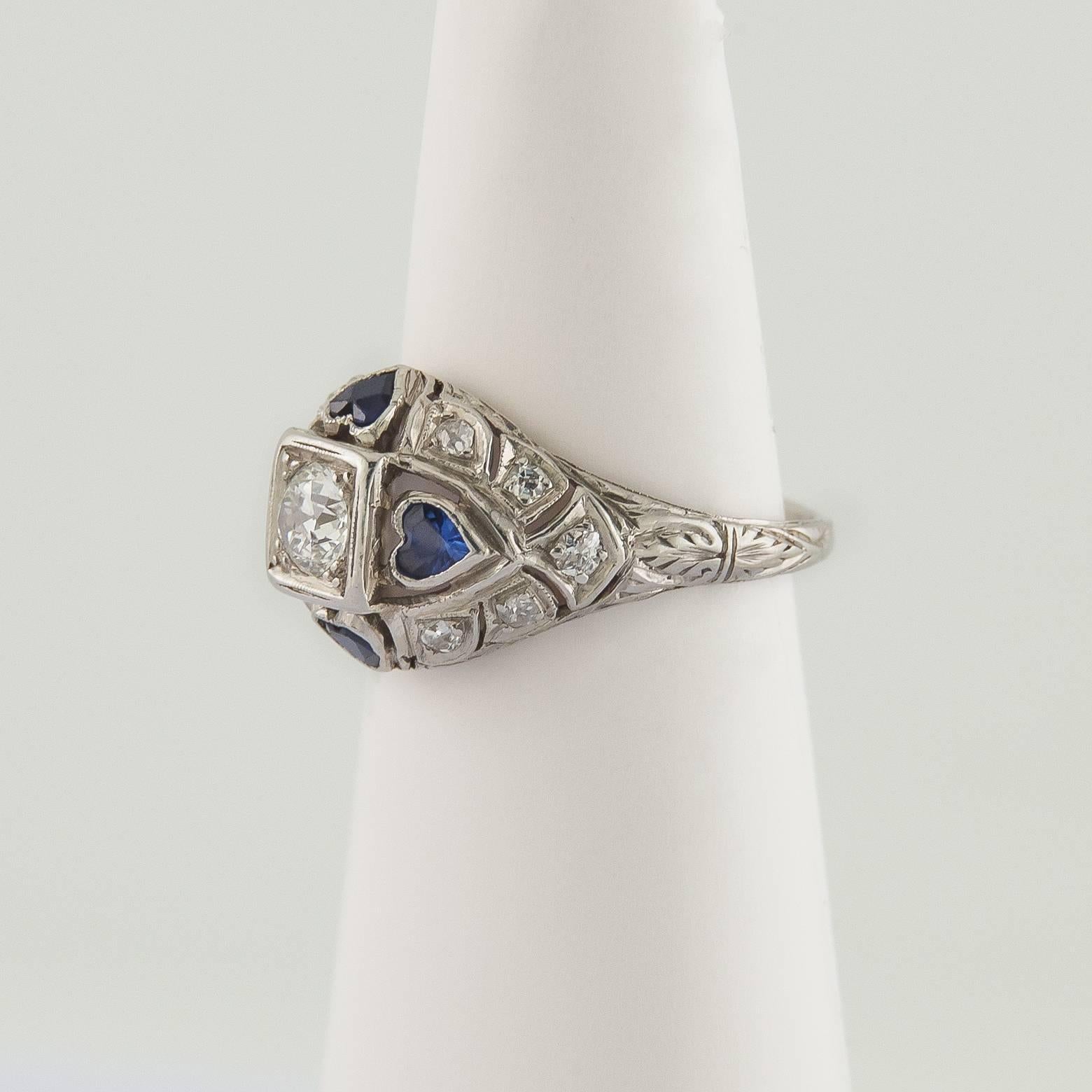 Antique Sapphire Diamond Heart Ring with Diamond Pave and Platinum Filigree 1