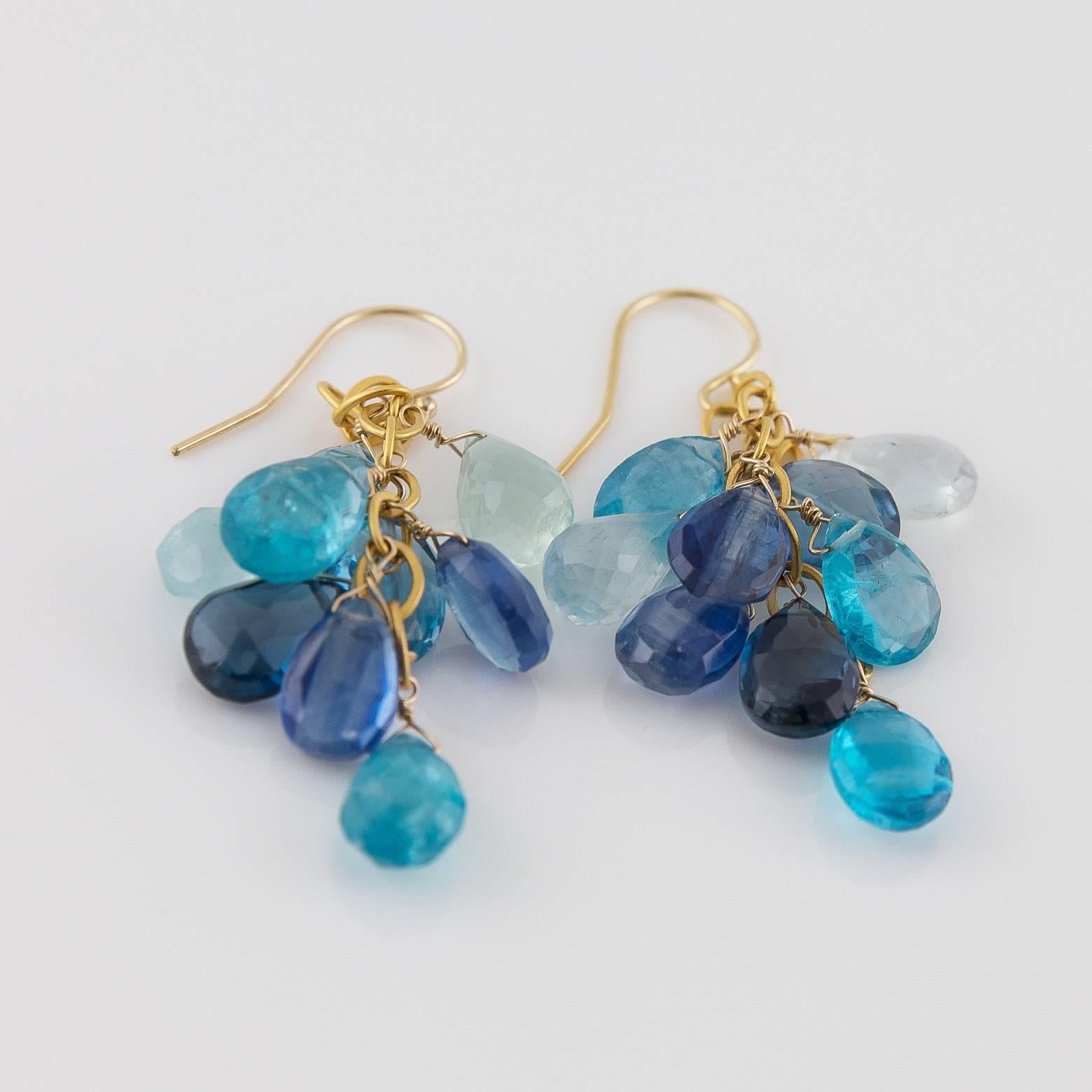 Miraculous and Sparkly! These multi-colored blue dangling beauties sparkle in almost every shade of blue showcasing aquamarines, kyanites, blue topaz, and apatites. The movement of these earrings dance below your ears and invite an air of
