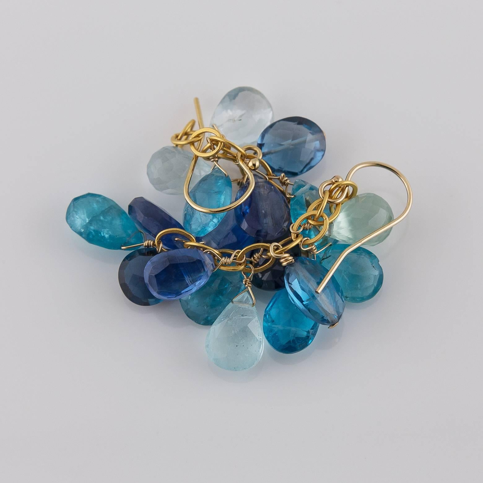 Bright Ocean Blue Aquamarine Blue Topaz Kyanite Apatite Briolette Earrings In Excellent Condition In Berkeley, CA