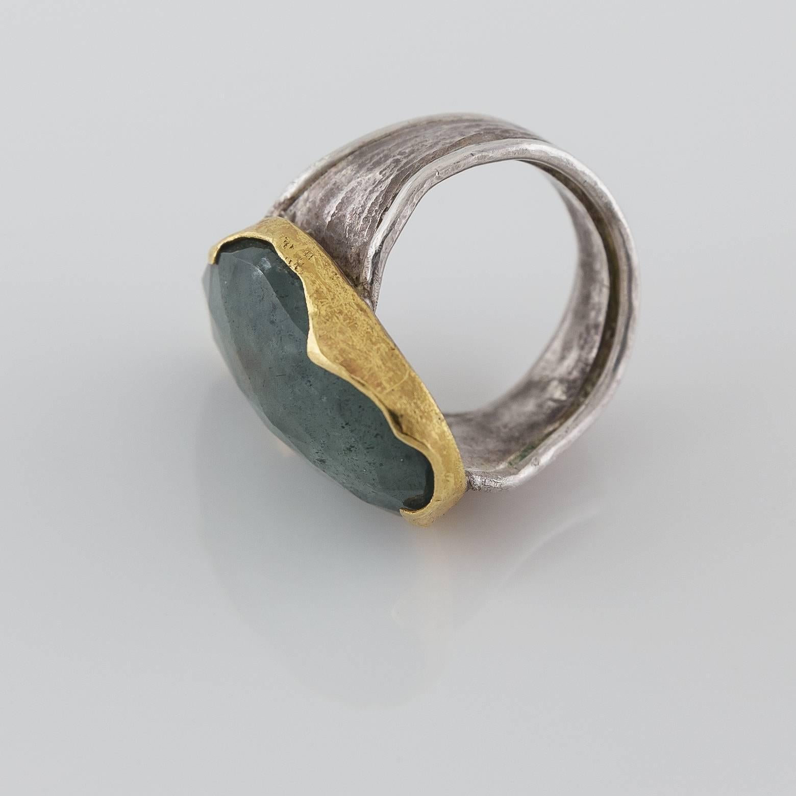 Women's Moss Aquamarine Sterling Silver Gold Ring