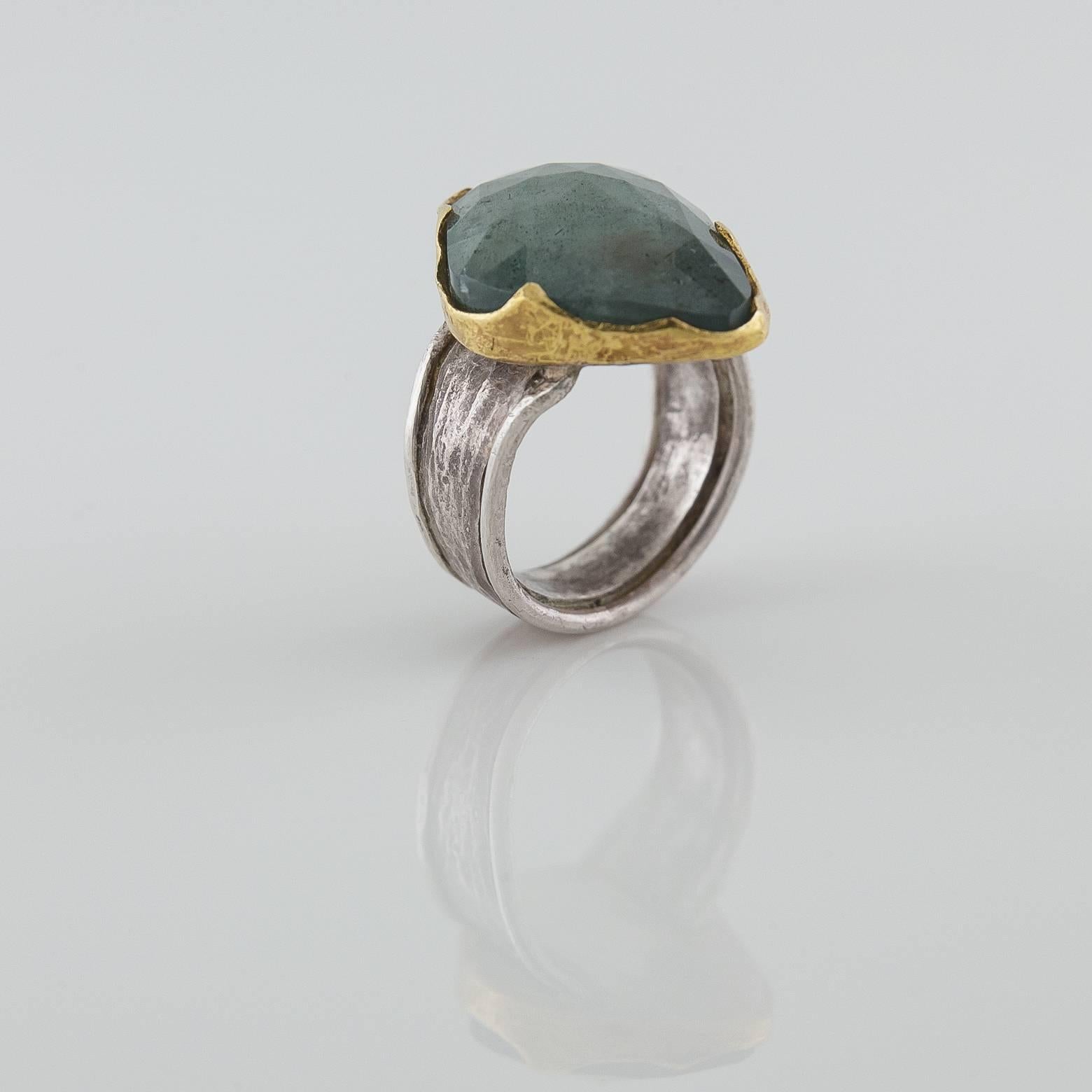 Moss Aquamarine Sterling Silver Gold Ring 3