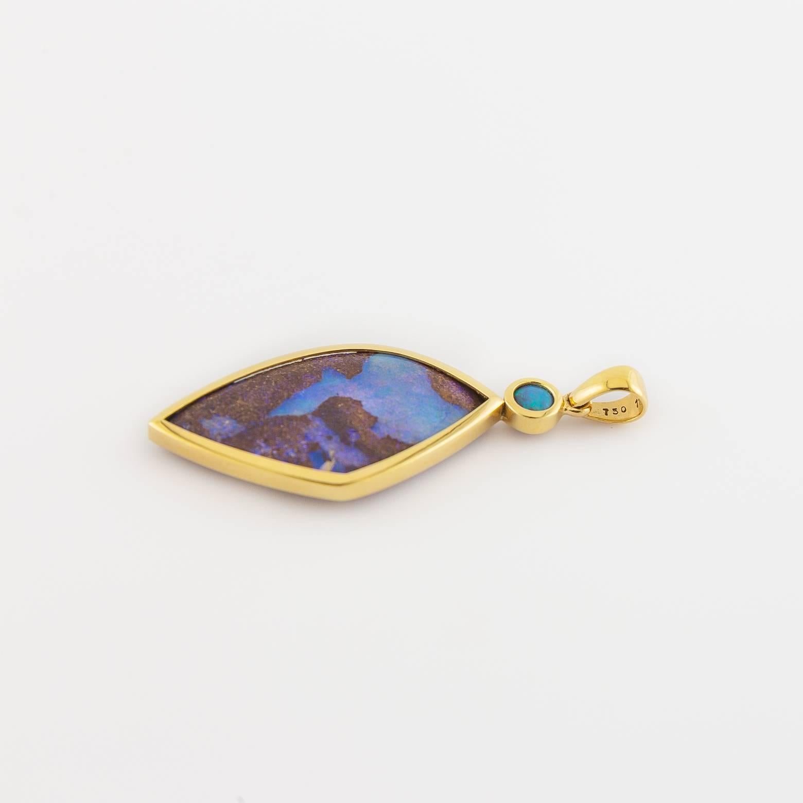 Modern Electric Blue and Green Boulder Opal Gold Pendant