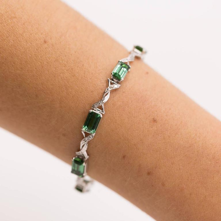 Emerald Cut Green Tourmaline Diamond Platinum Link Bracelet For Sale at ...