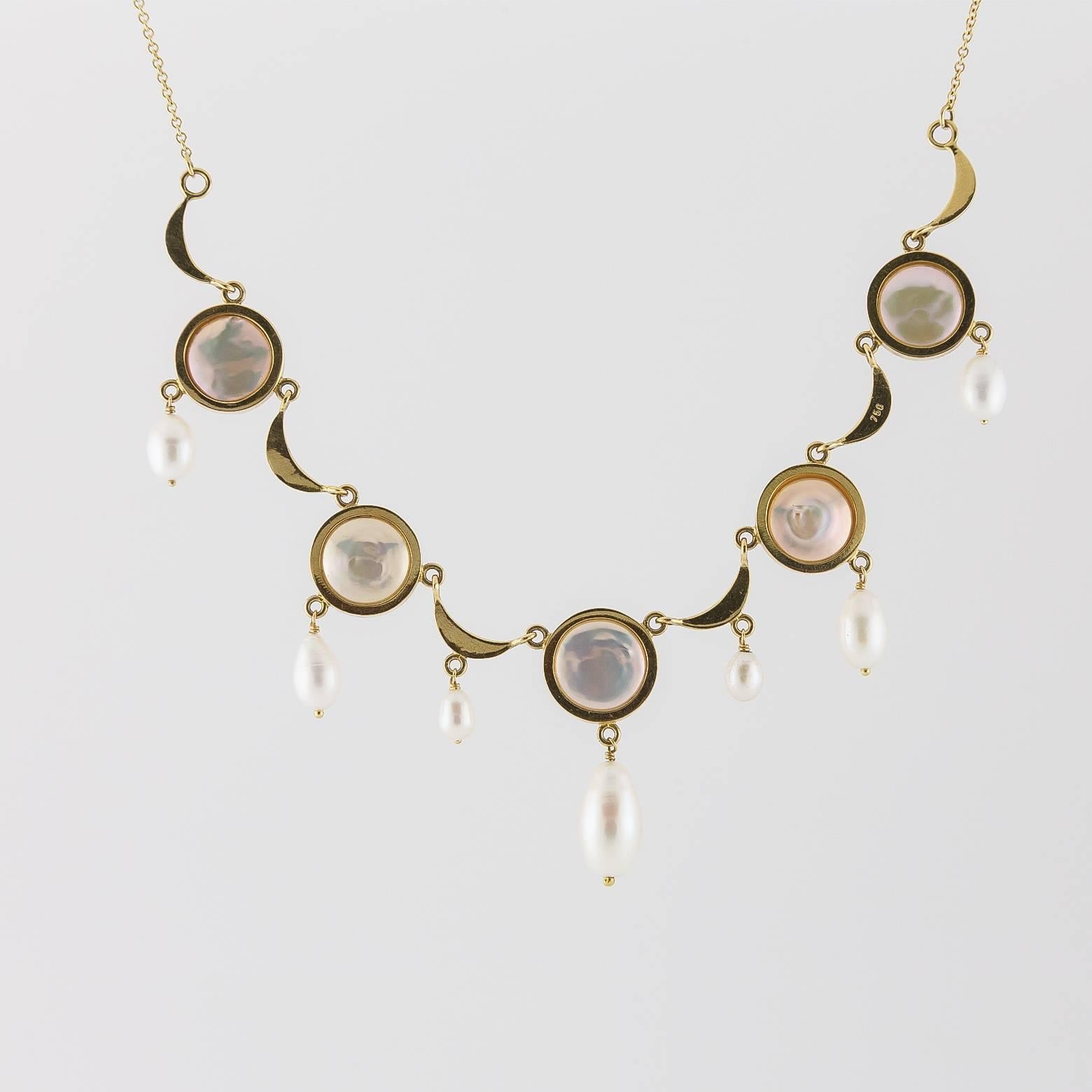 Modern Coin and Fresh Water Pearl 18 Karat Gold Necklace