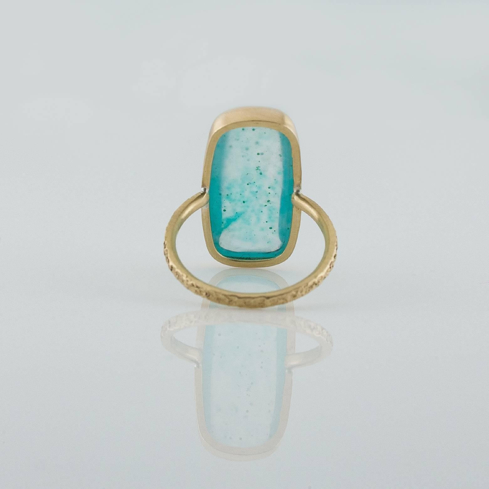 Modern Large Cushion Silicated Green and Teal Chrysocolla Gold Ring For Sale