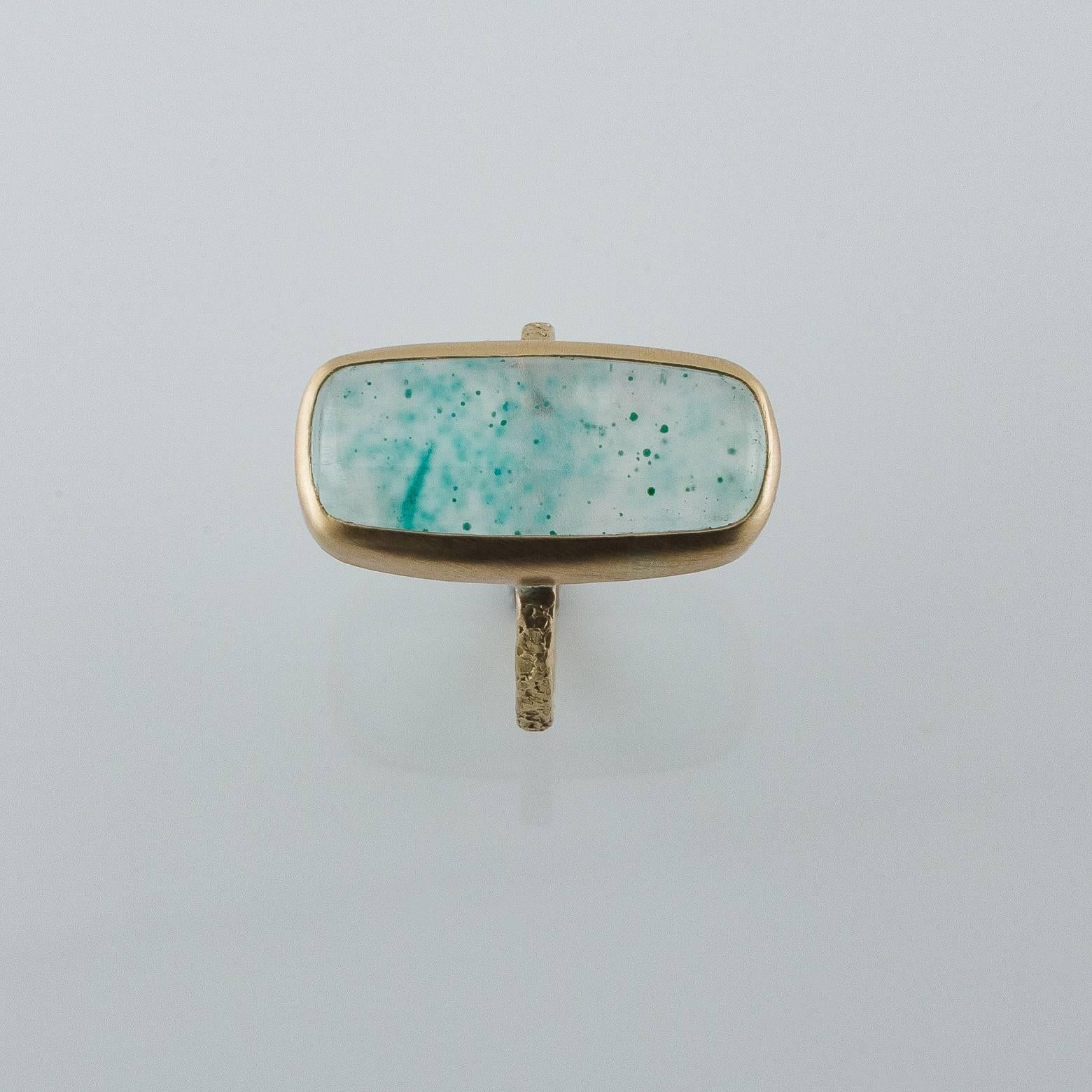 Large Cushion Silicated Green and Teal Chrysocolla Gold Ring In Excellent Condition For Sale In Berkeley, CA