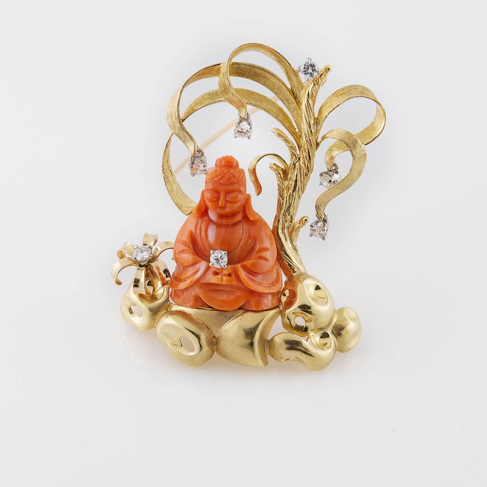 1970s Buddha Brooch Carved in Coral Set in Gold with Diamonds In Excellent Condition In Berkeley, CA