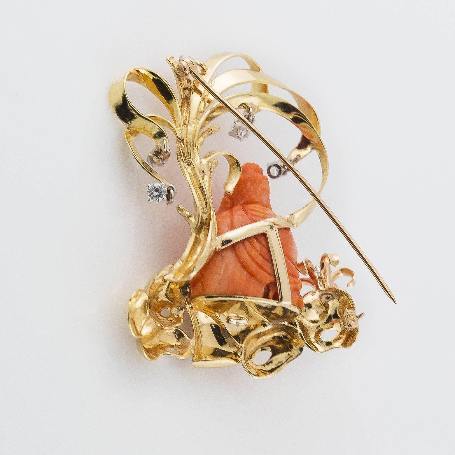 Women's 1970s Buddha Brooch Carved in Coral Set in Gold with Diamonds