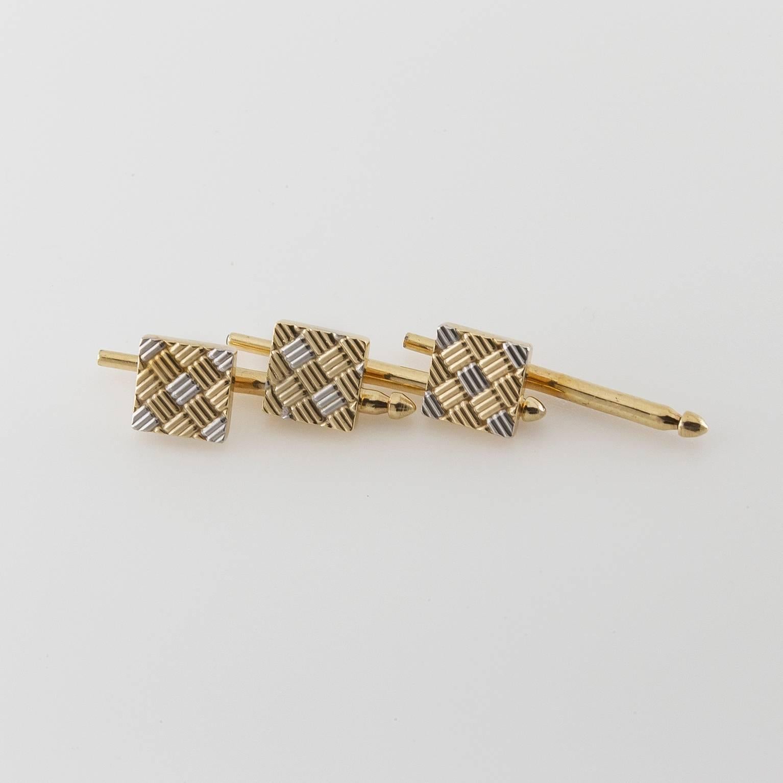 Men's Tuxedo Cufflinks Set in Gold and Platinum with Classic Woven Checkered Pattern