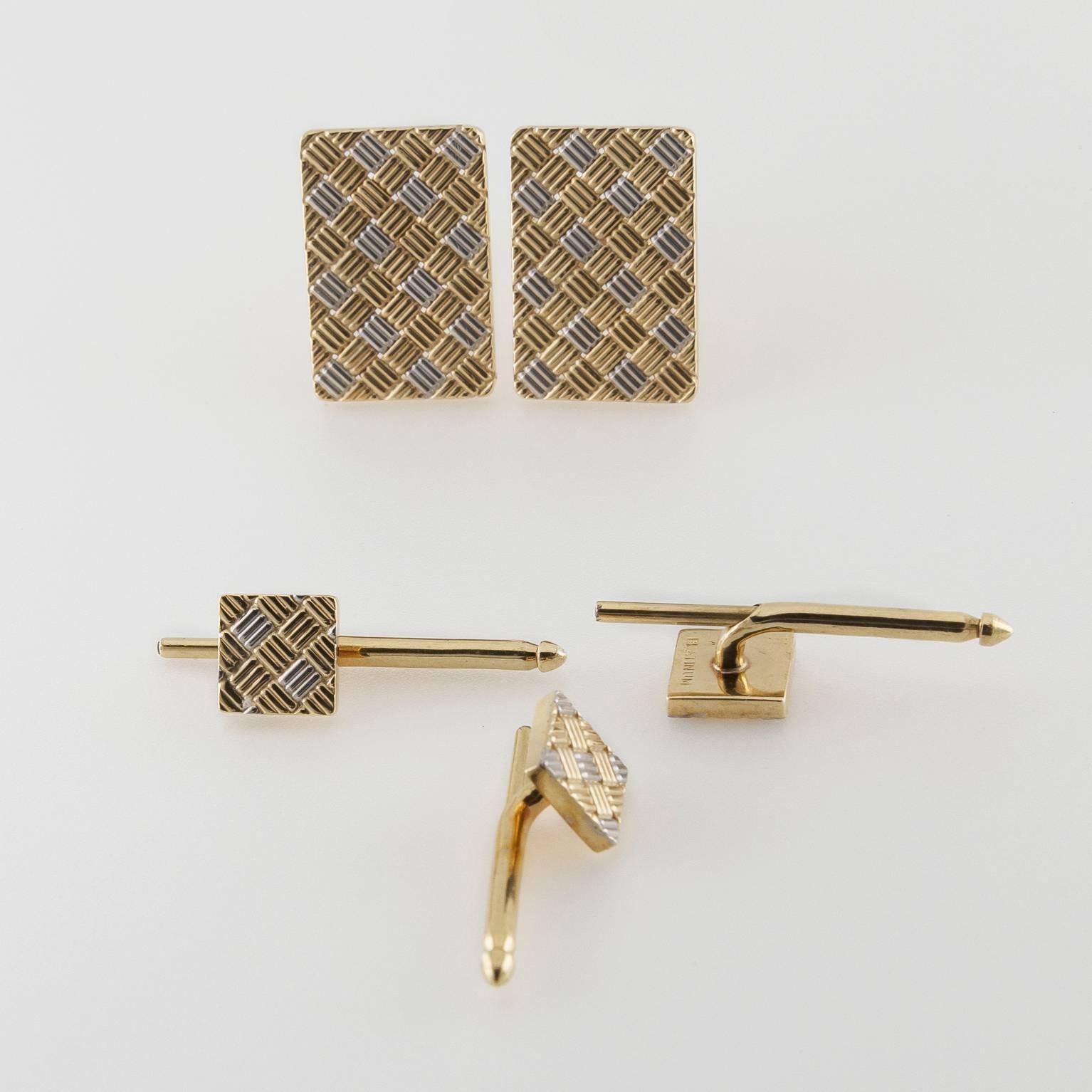 Modern Tuxedo Cufflinks Set in Gold and Platinum with Classic Woven Checkered Pattern
