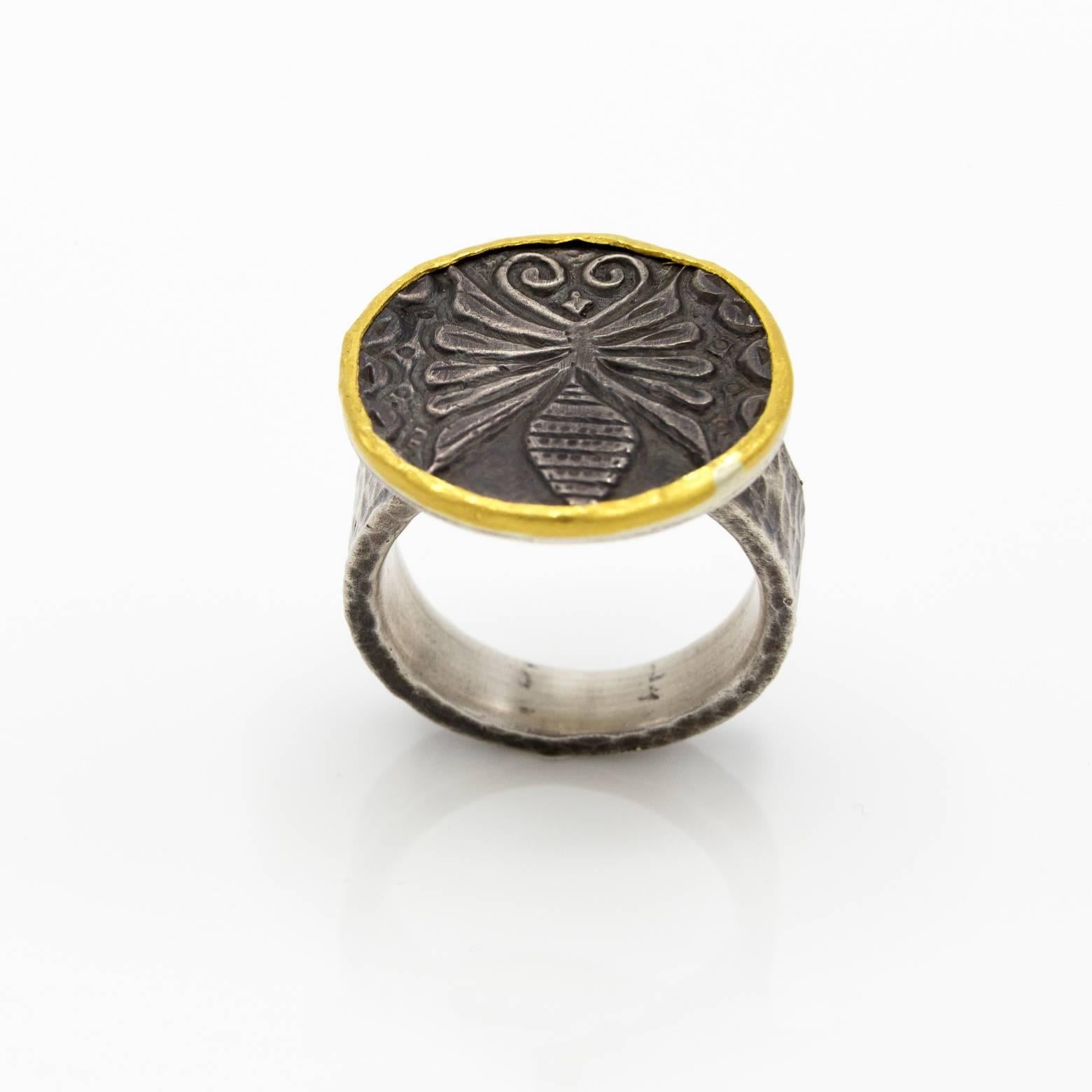 Modern Oxidized Silver Hammered Gold Plate Butterfly Insect Ring