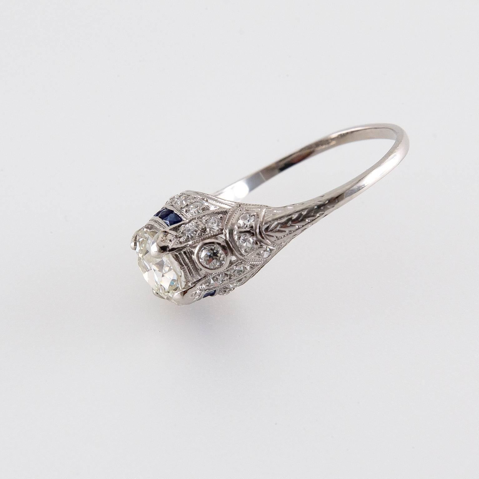 1930s Dazzling Art Deco Sapphire Diamond Platinum Ring  1
