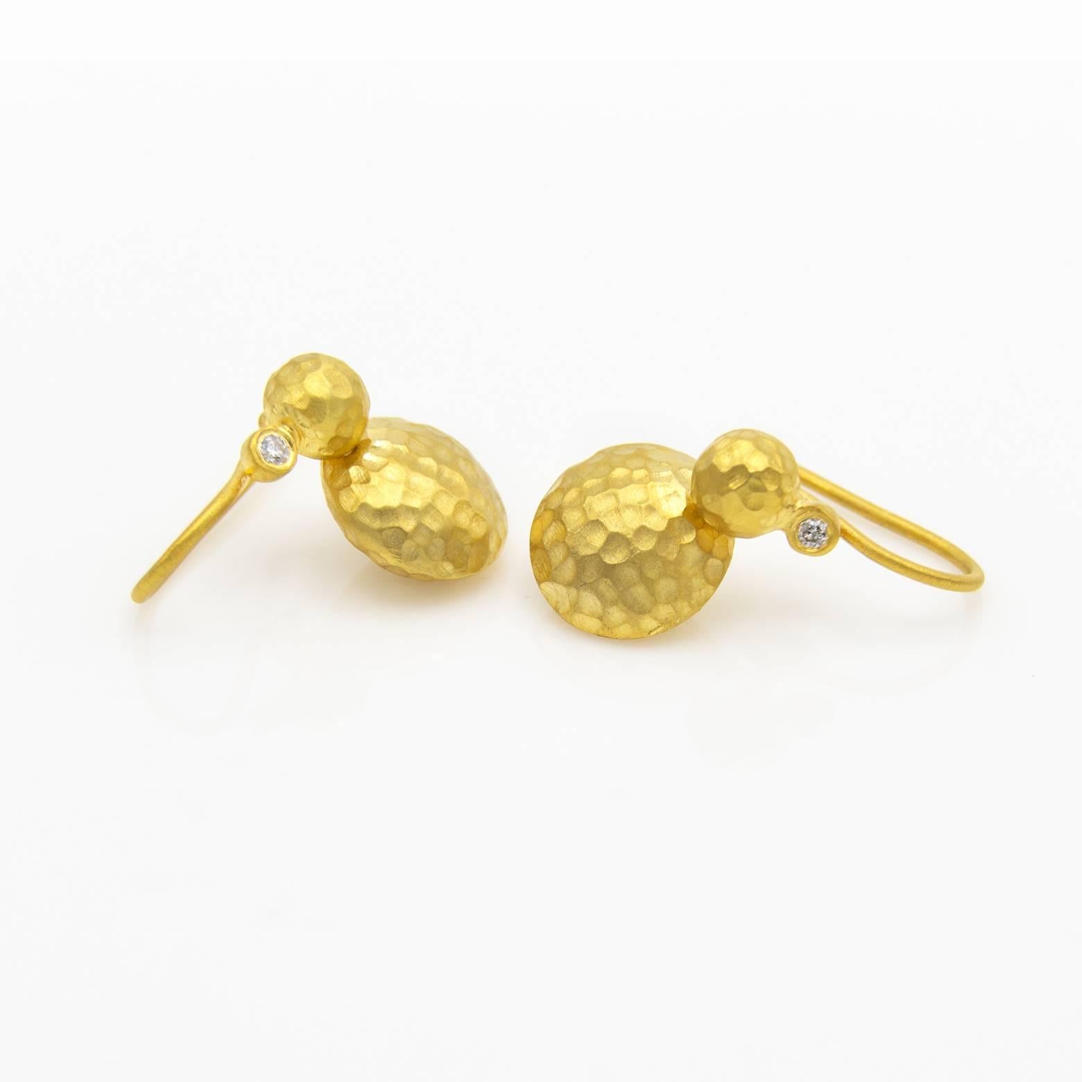 Modern Diamond Hammered Gold Lentil Shaped Drop Earrings