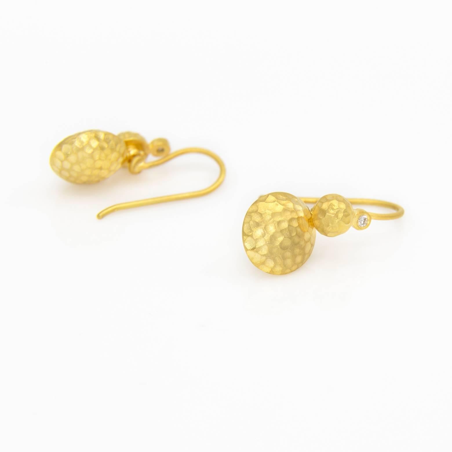 Women's Diamond Hammered Gold Lentil Shaped Drop Earrings
