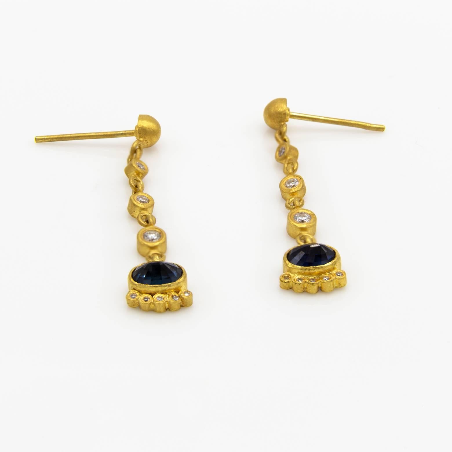 Modern Blue Sapphire Diamond Gold Post Dangle Earrings