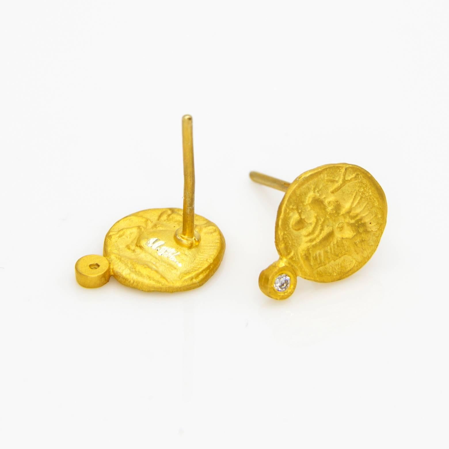 Modern Diamond Gold Stamped Coin Mythical Creature Faces Stud Earrings