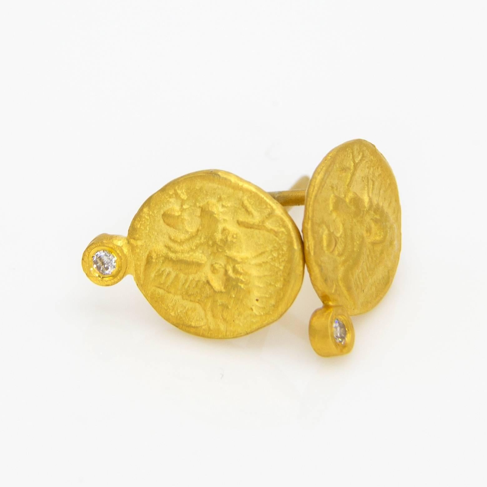 Diamond Gold Stamped Coin Mythical Creature Faces Stud Earrings In Excellent Condition In Berkeley, CA
