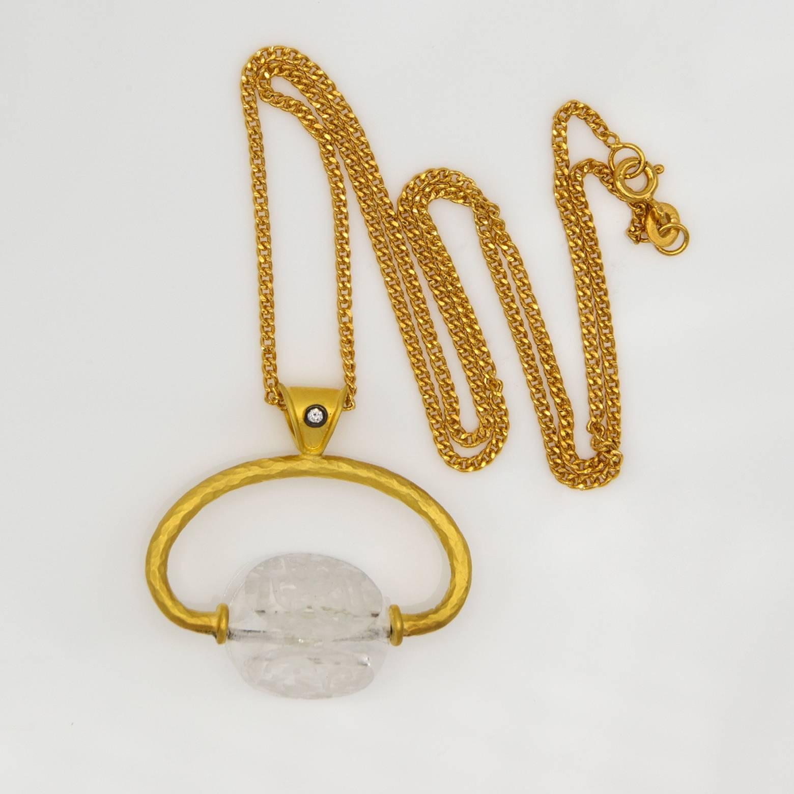 Women's or Men's Hand-Carved Quartz Gold Vermeil Pendant with Diamond Accent For Sale