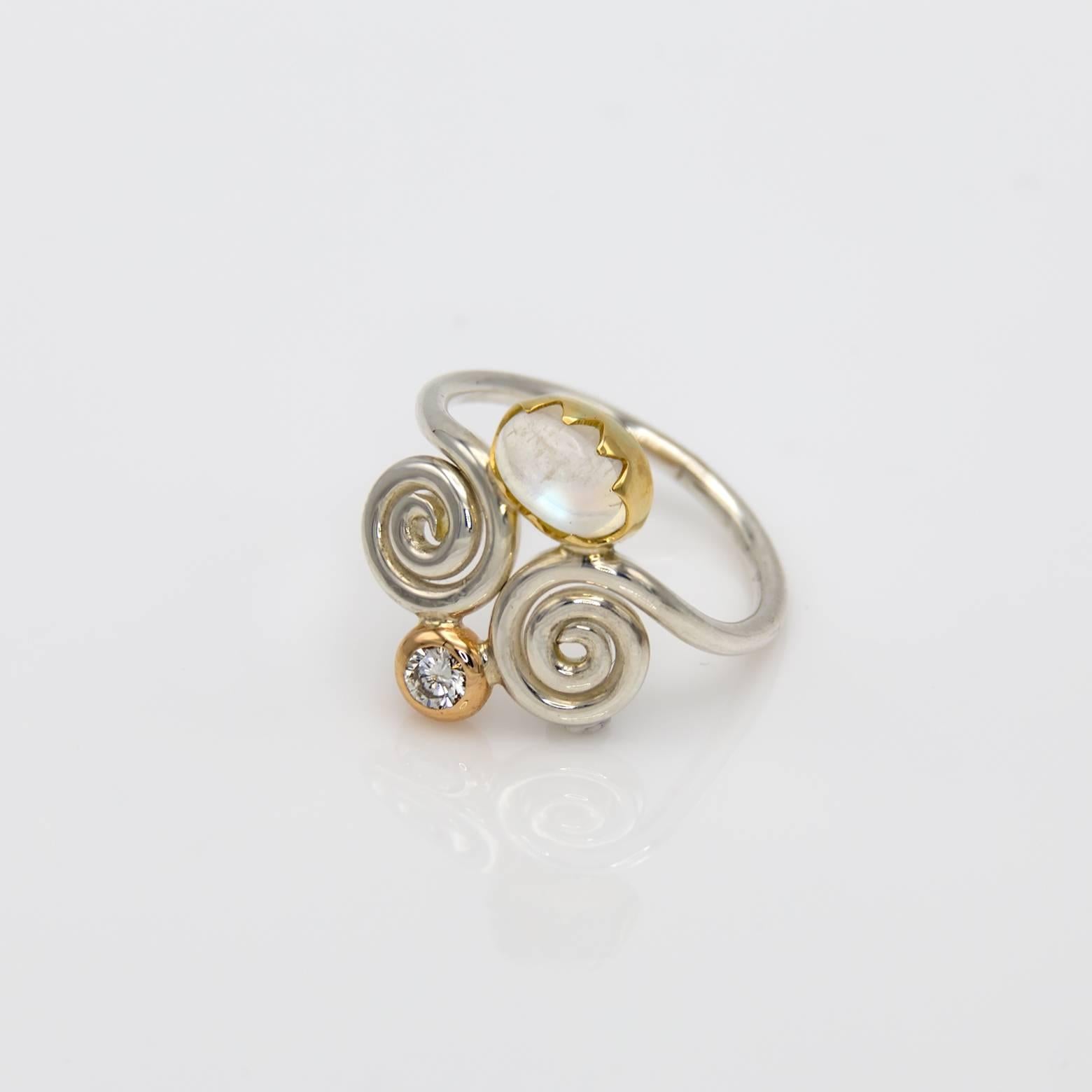 Women's Spiral Swirl Two-Color Moonstone Diamond Sterling Silver Gold Ring