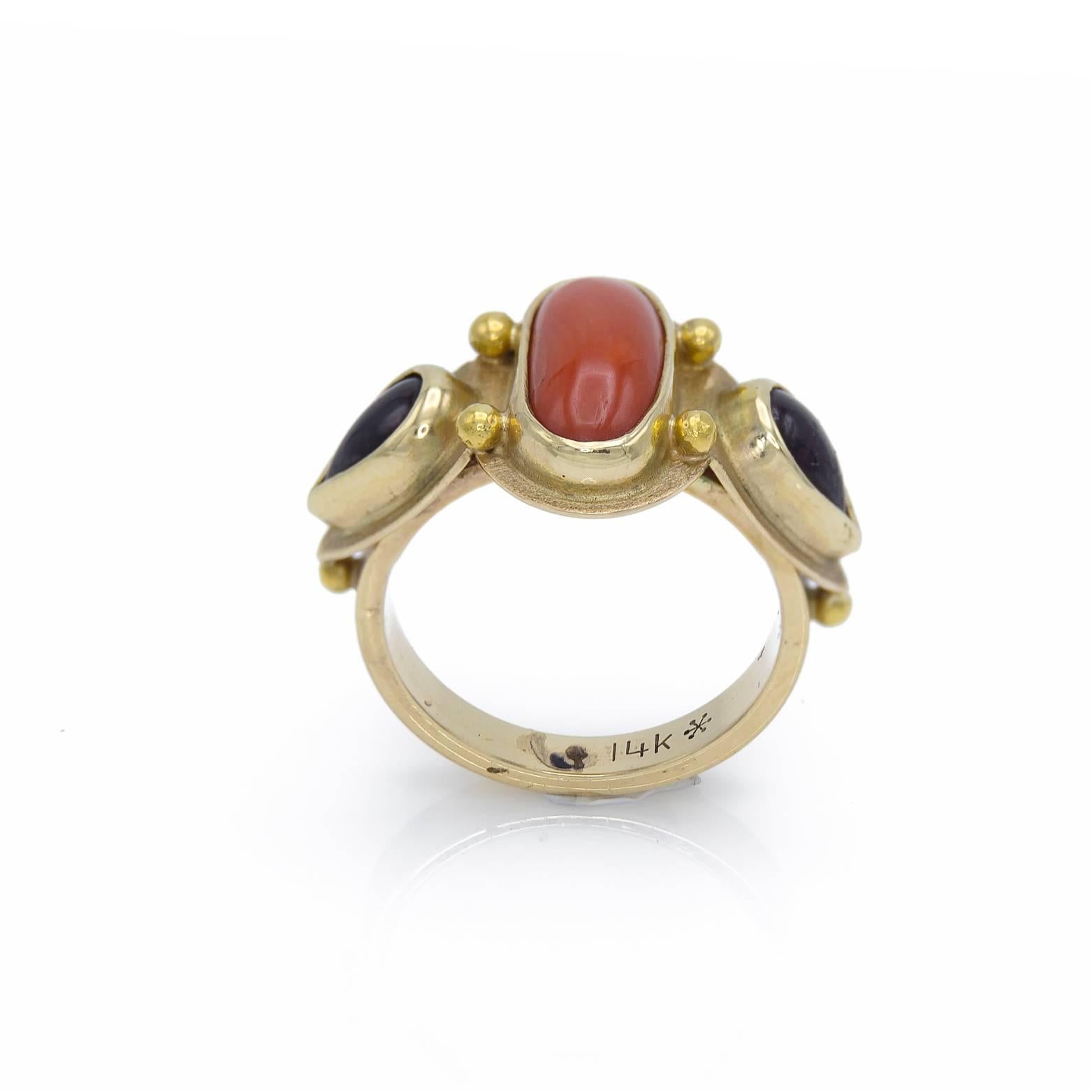 Women's Oval Coral Pear Shaped Garnets Gold Ring