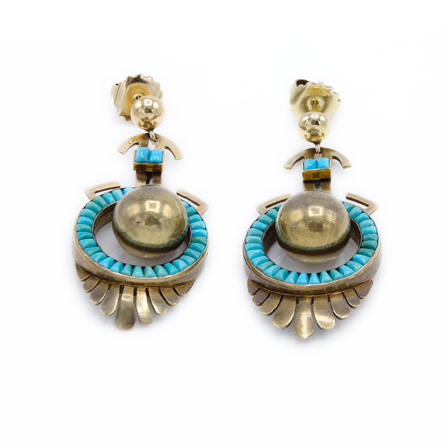 Tribal Turquoise Gold Dangling Post Earrings In Excellent Condition In Berkeley, CA