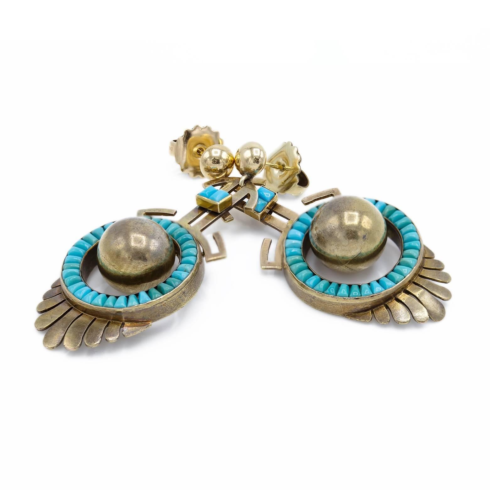 Women's Tribal Turquoise Gold Dangling Post Earrings