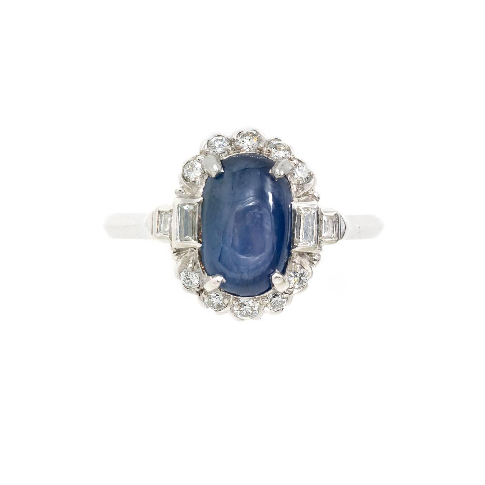 Art Deco Style Star Sapphire Diamond Platinum Engagement Ring
